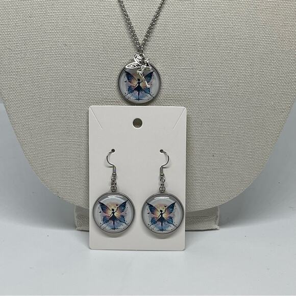 Handmade Blue White Silver Fairy Whimsical Pendant Necklace & Earring Set NWT OS - Picture 4 of 7